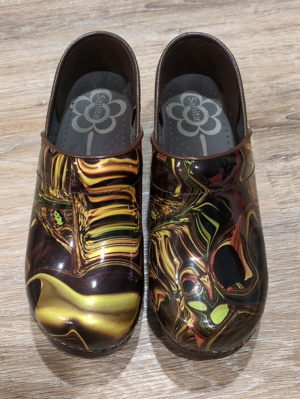 💛🧡🖤Sanita Women's Marbled Clogs, Brown, Yellow & Green sz 36 Euro (5.5-6 US)